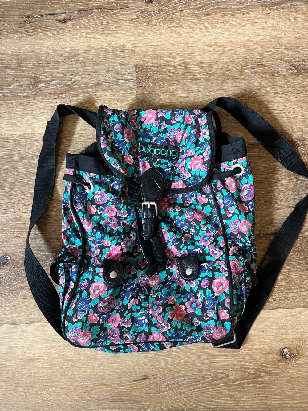 Billabong Black Floral Drawstring Backpack